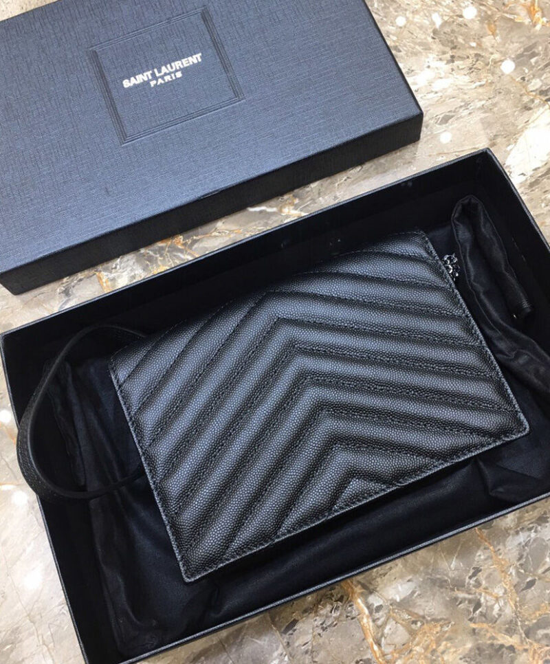 Saint Laurent Envelope Chain Wallet In Grain De Poudre Embossed Leather Black